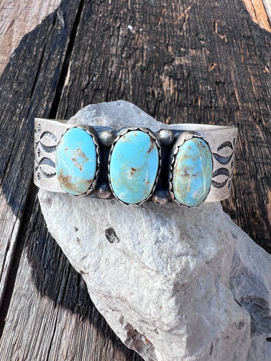 Navajo Handmade by La Rose Ganadonegro- Sterling & 3-stone RARE Dry Creek Turquoise Cuff Bracelet Sz 6.75, 7/8β wide