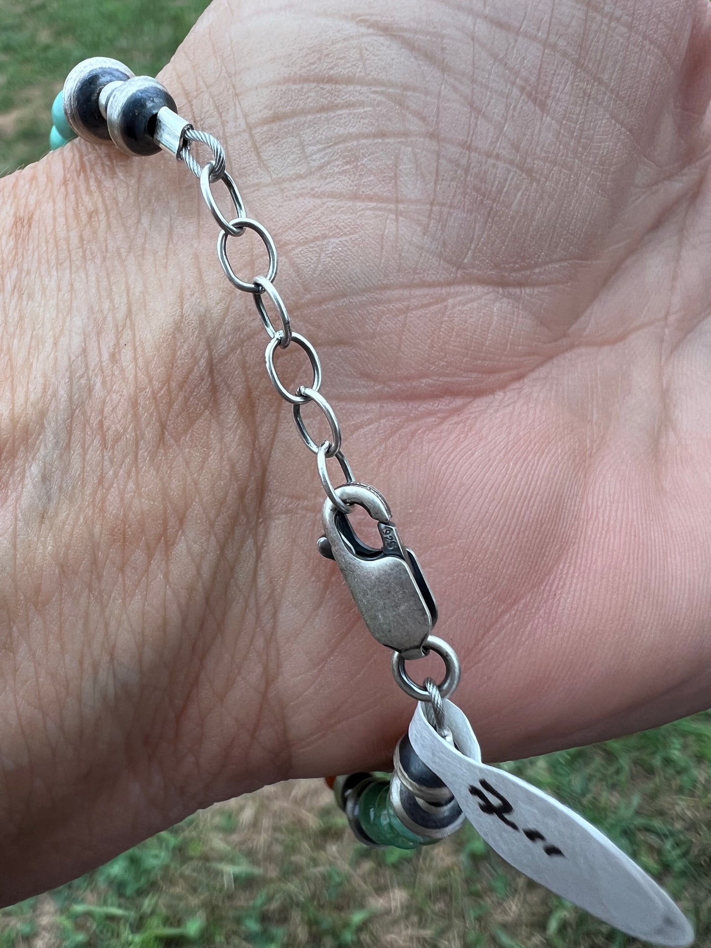 Sterling, Orange Spiny & Turquoise Beaded 3-6mm Bracelet Sz 6-7β