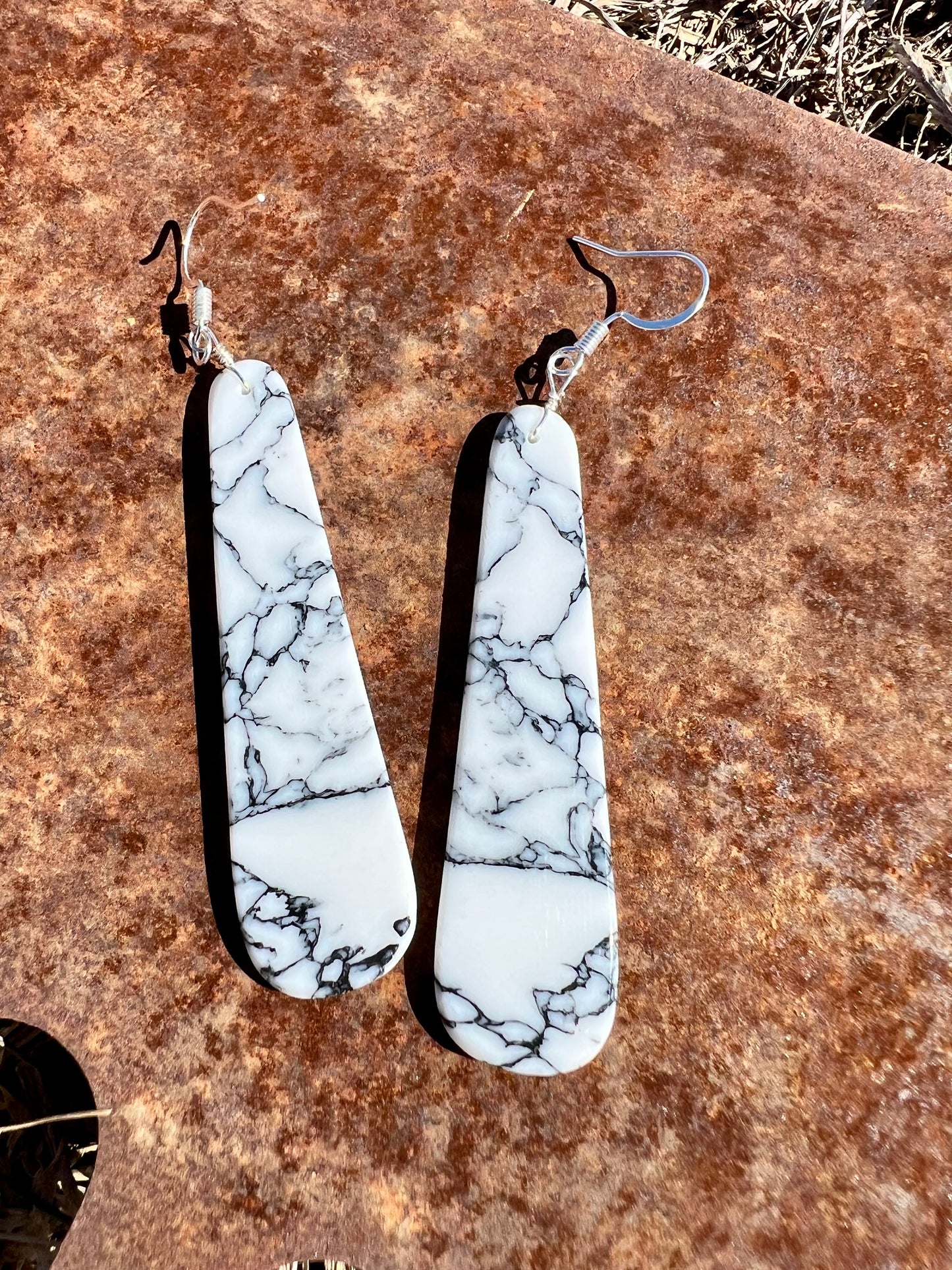 Native Handmade White Buffalo Magnesite Slab Earrings 3 1/8β long