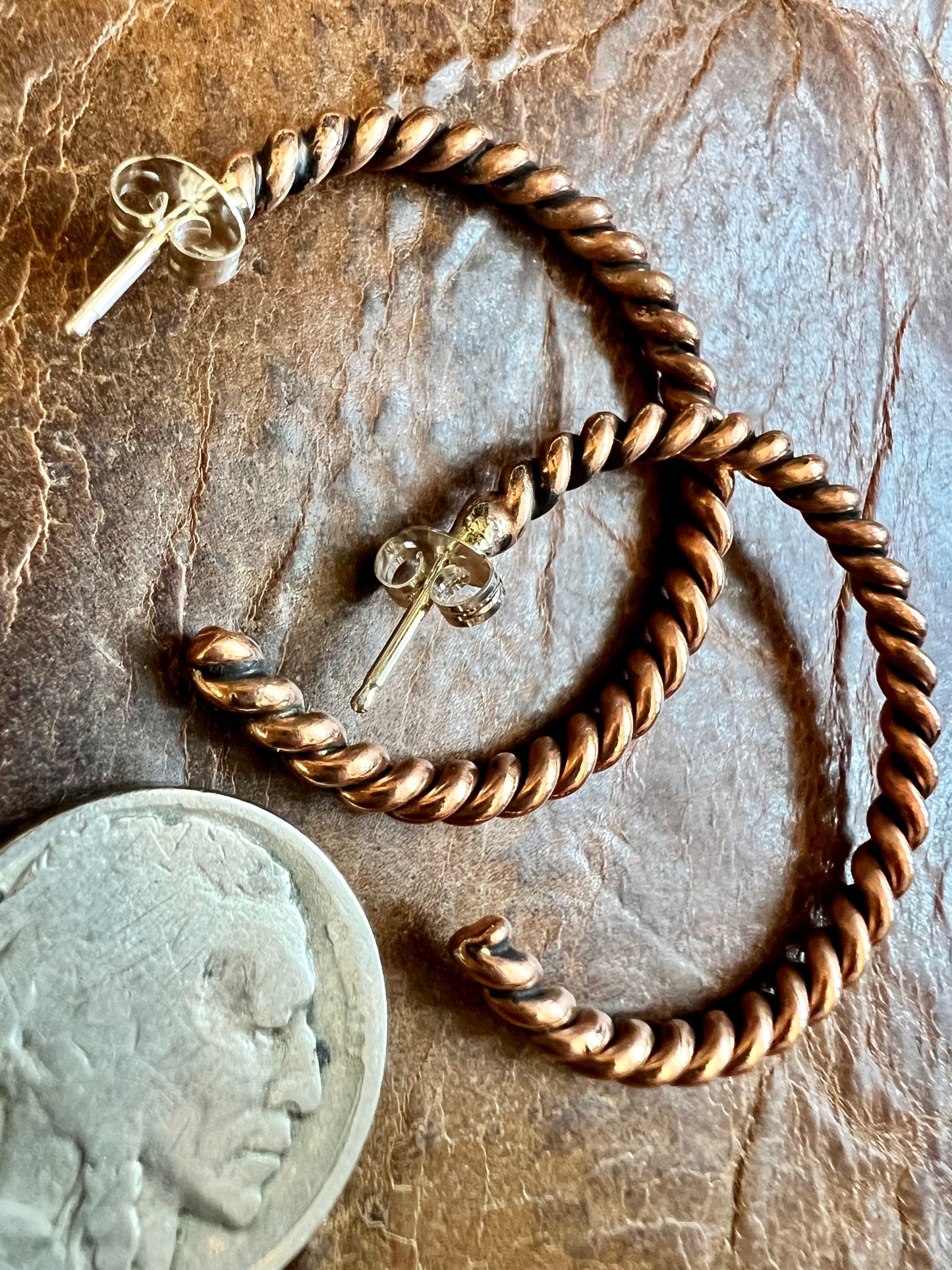 Navajo Handmade by Elaine Tahe. Copper Twisted Wire Post Hoop Earrings 1.25β