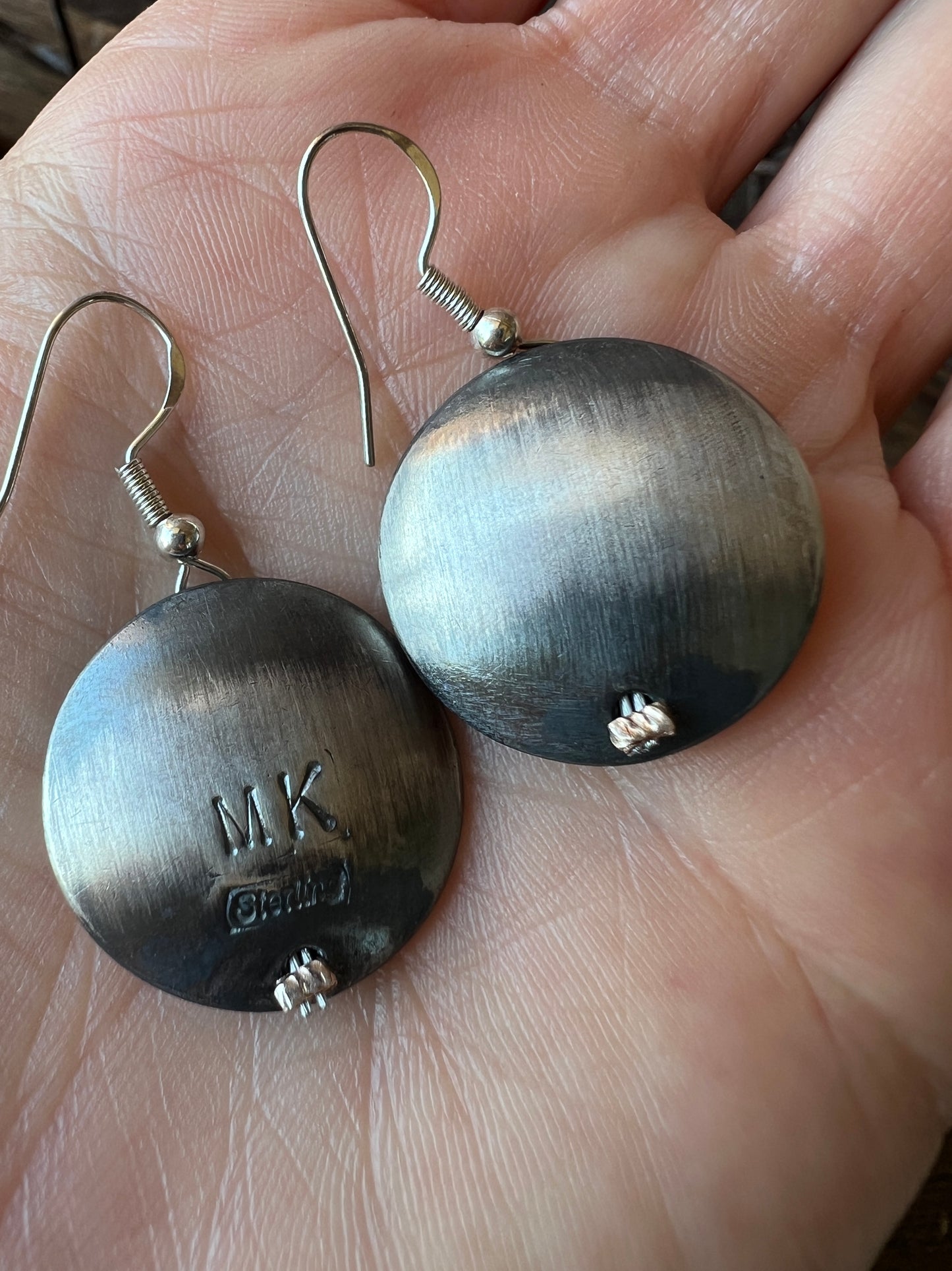 Navajo Handmade by Marietta Kellywood. Sterling Silver Pillow Pearl Thunderbird Stamped Earrings 1.5”