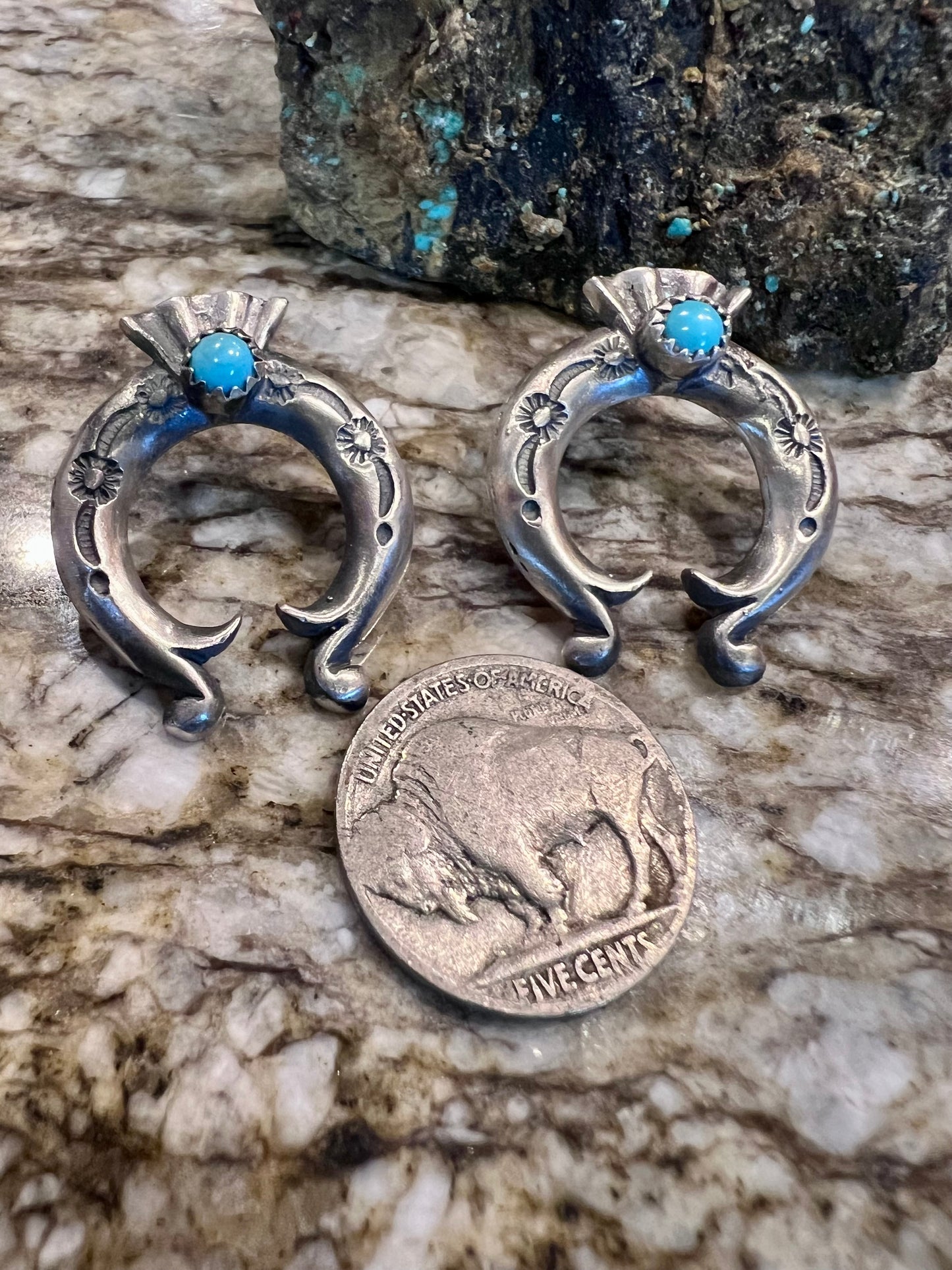 Native American Handmade by Adrienne Gordon. Sterling & Turquoise Naja Post Earrings 1”