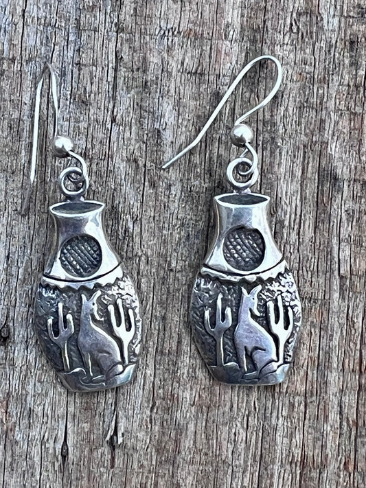 Vintage Sterling Southwest Coyote Cactus Dangle Earrings 1.75β