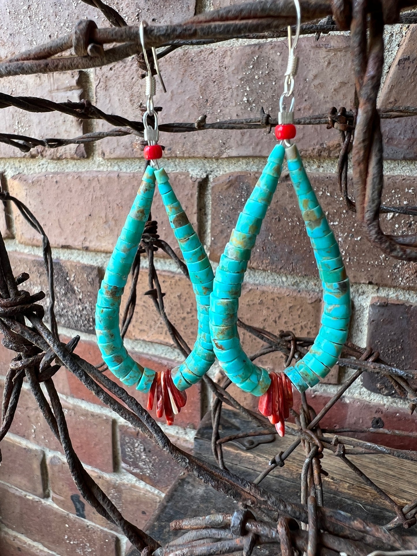 Handmade by Lupe Lovato, JACLA EARRINGS Kingman Turquoise, Red Spiny Oyster & Coral 3.5”