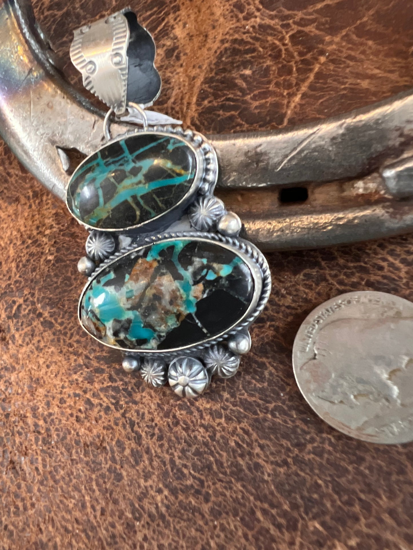 GORGEOUS Navajo Handmade Blue Moon Turquoise 2-stone Pendant by Tawney Willie.
