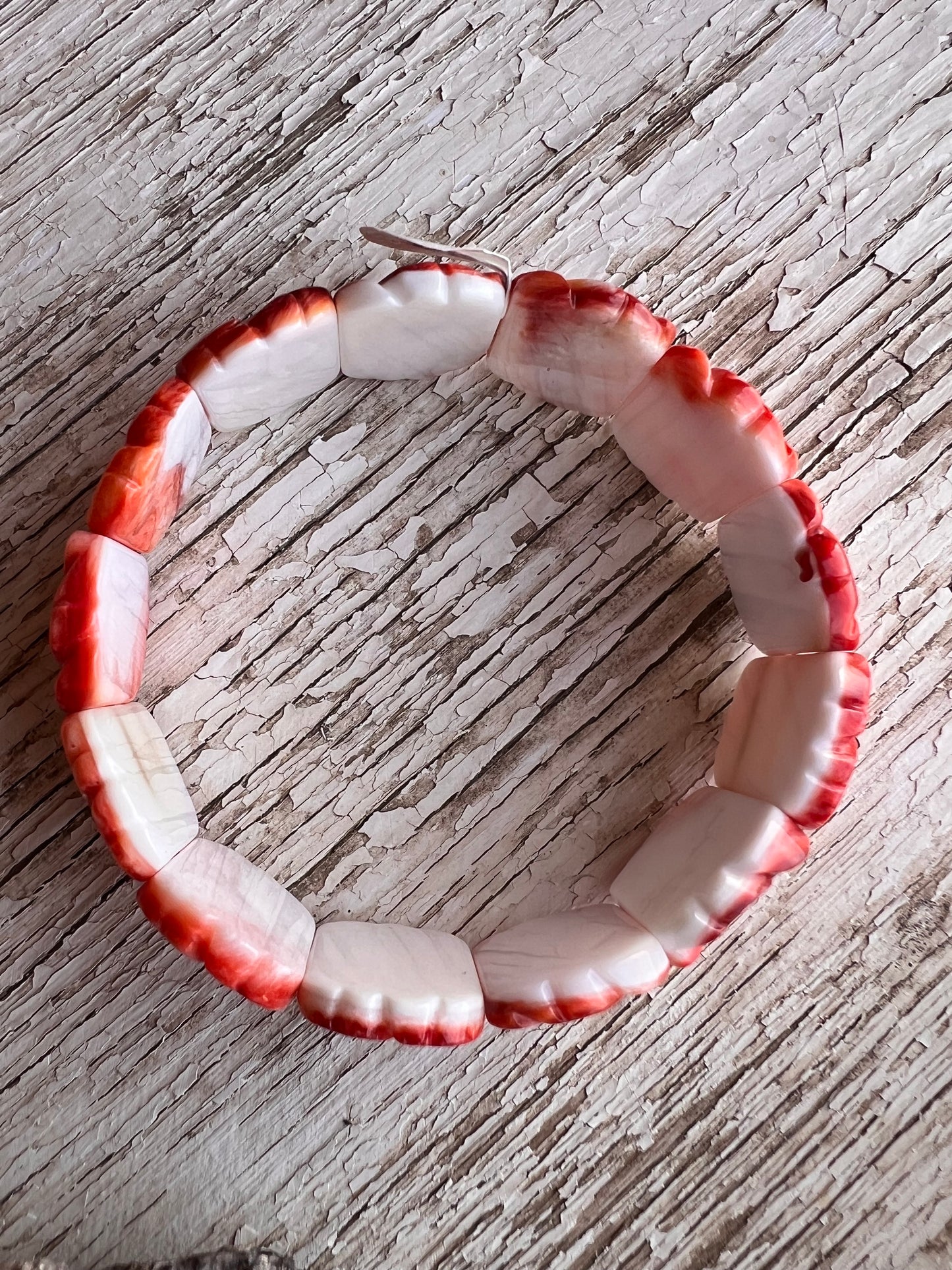Red Spiny Oyster Carved Rose Stretch Bracelet Sz 6.5β