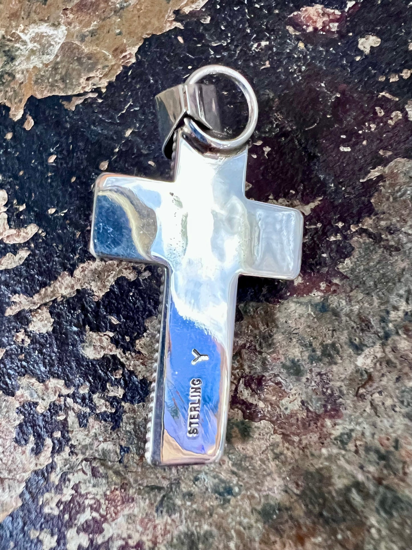Native American Handmade by Darrell Yazzie- Sterling & Turquoise Cross Pendant 2” x 1”