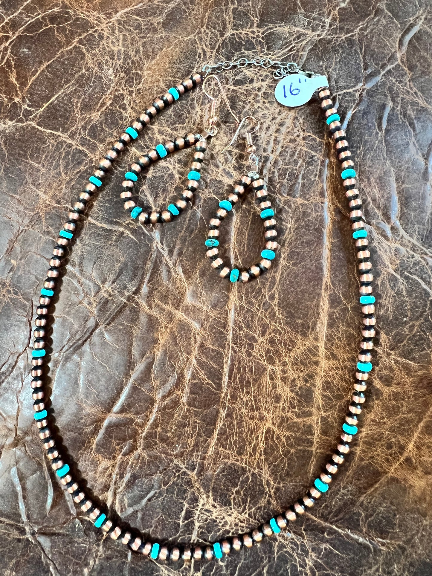 Genuine Oxidized Copper & Campitos Turquoise 4mm Bead Necklace 16-18” & Earrings 2 1/4” Set