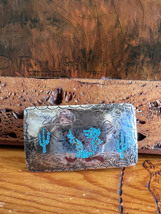 Vintage Navajo Handmade by Billy Slim- Sterling, Turquoise & Mediterranean Coral Chip Inlay Roadrunner & Cactus Belt Buckle