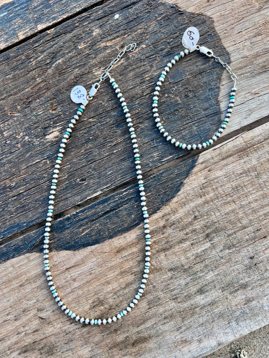 Sterling Silver Oxidized Pearls 4mm & Turquoise Bead Necklace 16-18β Bracelet Set 7β
