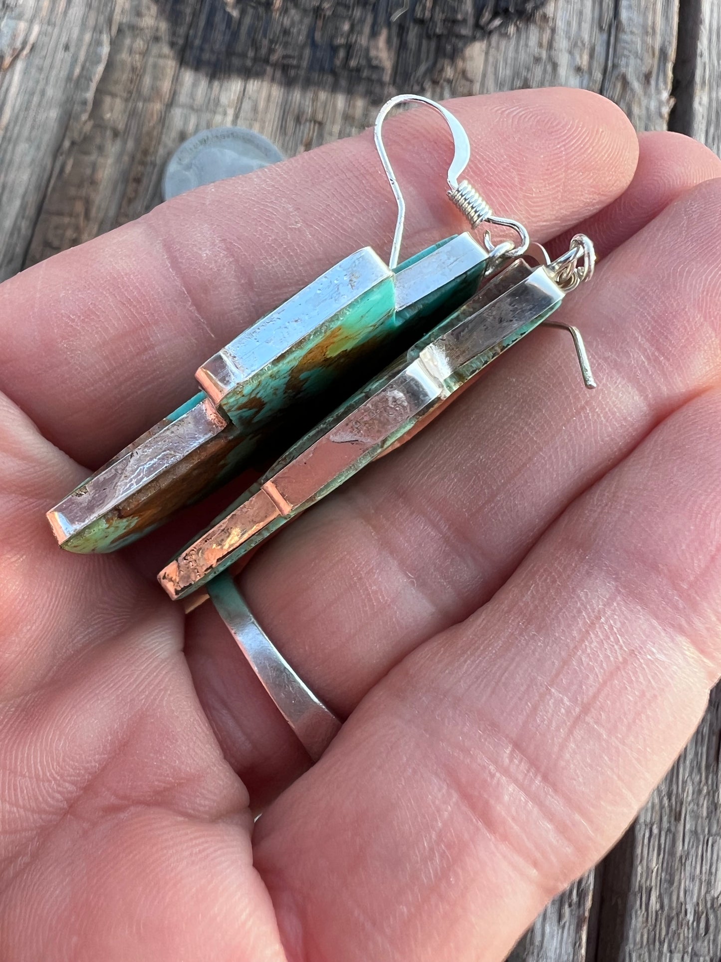 Native American Handmade Kingman Turquoise Cross and Sterling Silver Slab Earrings by Veronica Tortalita. 2” x 1“