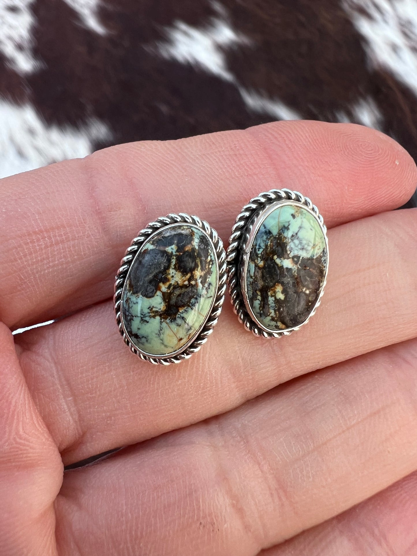 Native American Handmade Sterling & New Lander Variscite Post Earrings .6βx.4β