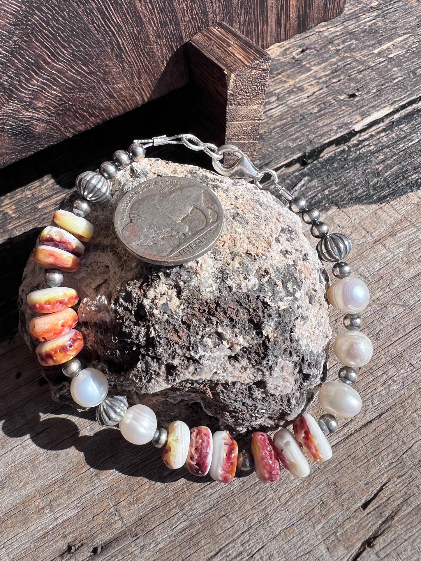 Southwest Handmade Spiny Oyster, Freshwater Pearls & Sterling Silver Necklace, Bracelet & Earrings Set