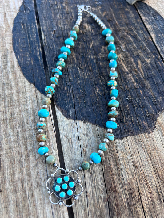 Vintage Turquoise Nugget(8mm), Sterling bead(5mm), Vintage Broach(11mm) Necklace 18β
