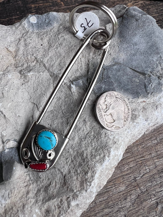 Large Safety Pin Keychain with Sterling, Kingman Turquoise & Coral designs.