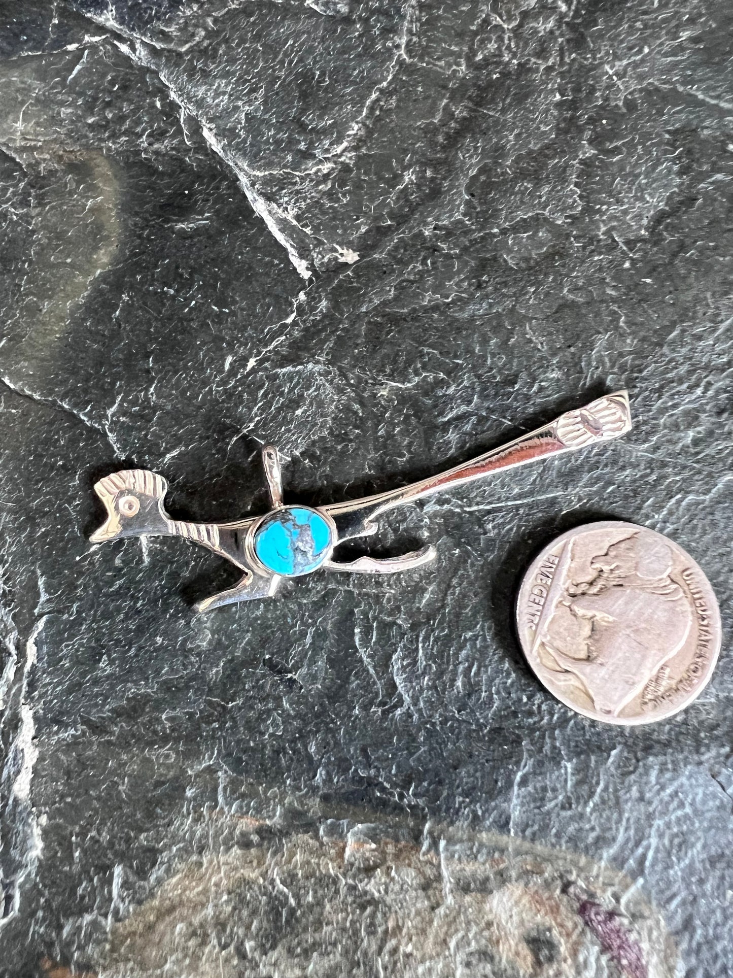 Native American Handmade by Joseph Martinez Sterling & Turquoise Road Runner Pendant 3/4”x 2.5”