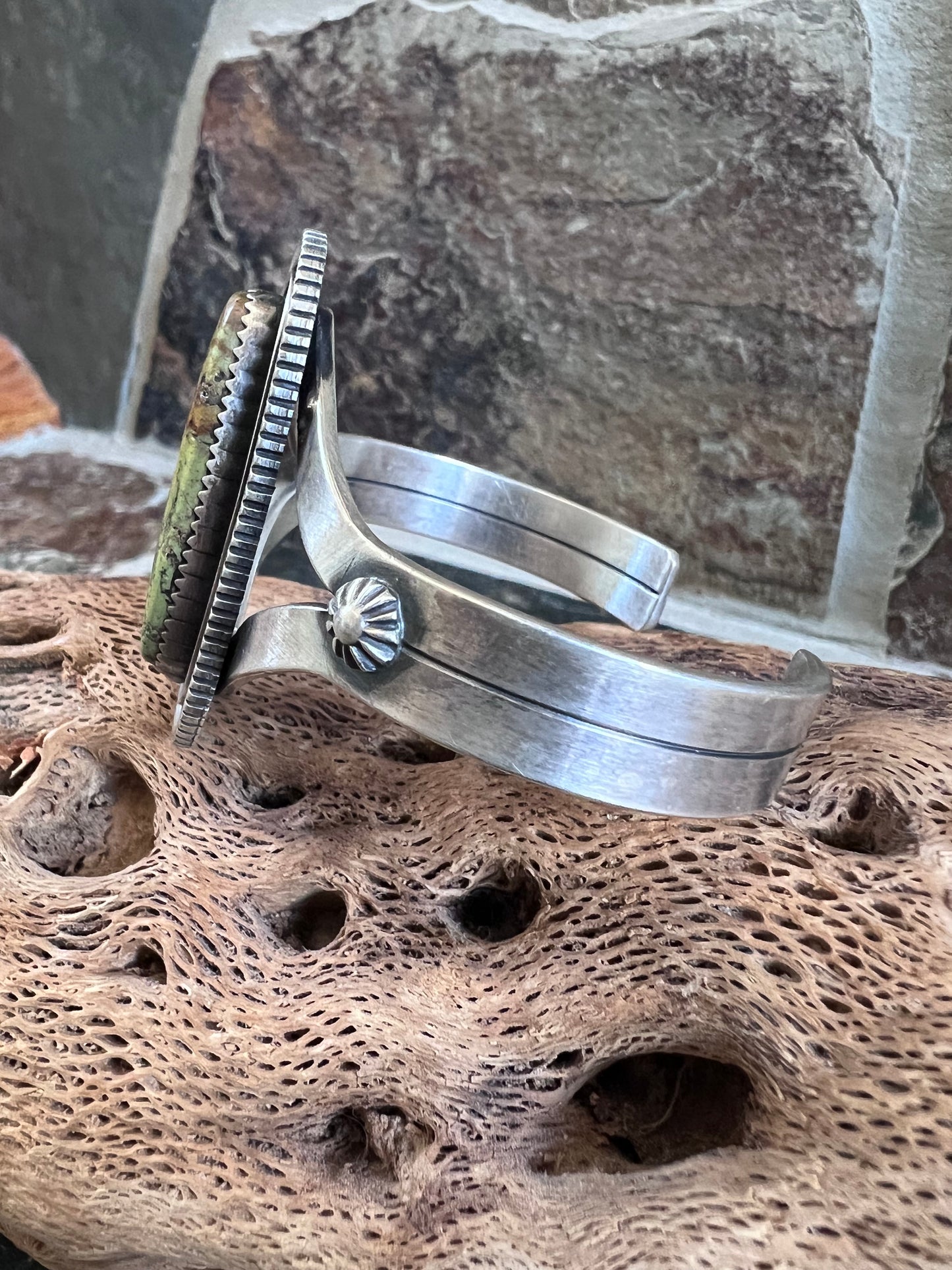 Native Navajo Handmade Gaspeite and Sterling Silver Cuff by Tom Dinetso Sz 6.5