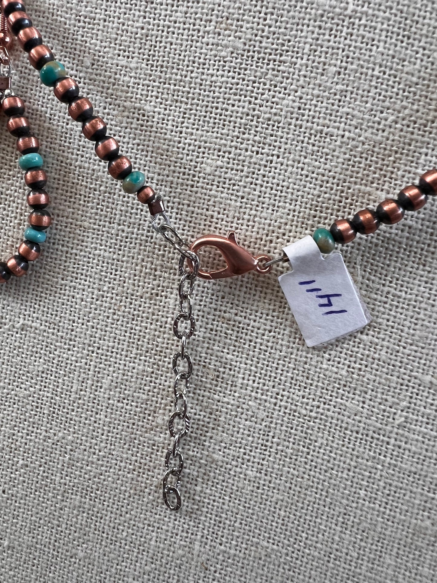 Genuine Oxidized Copper & Campitos Turquoise 4mm Bead Necklace 14”-16” & Earrings 2 1/4”