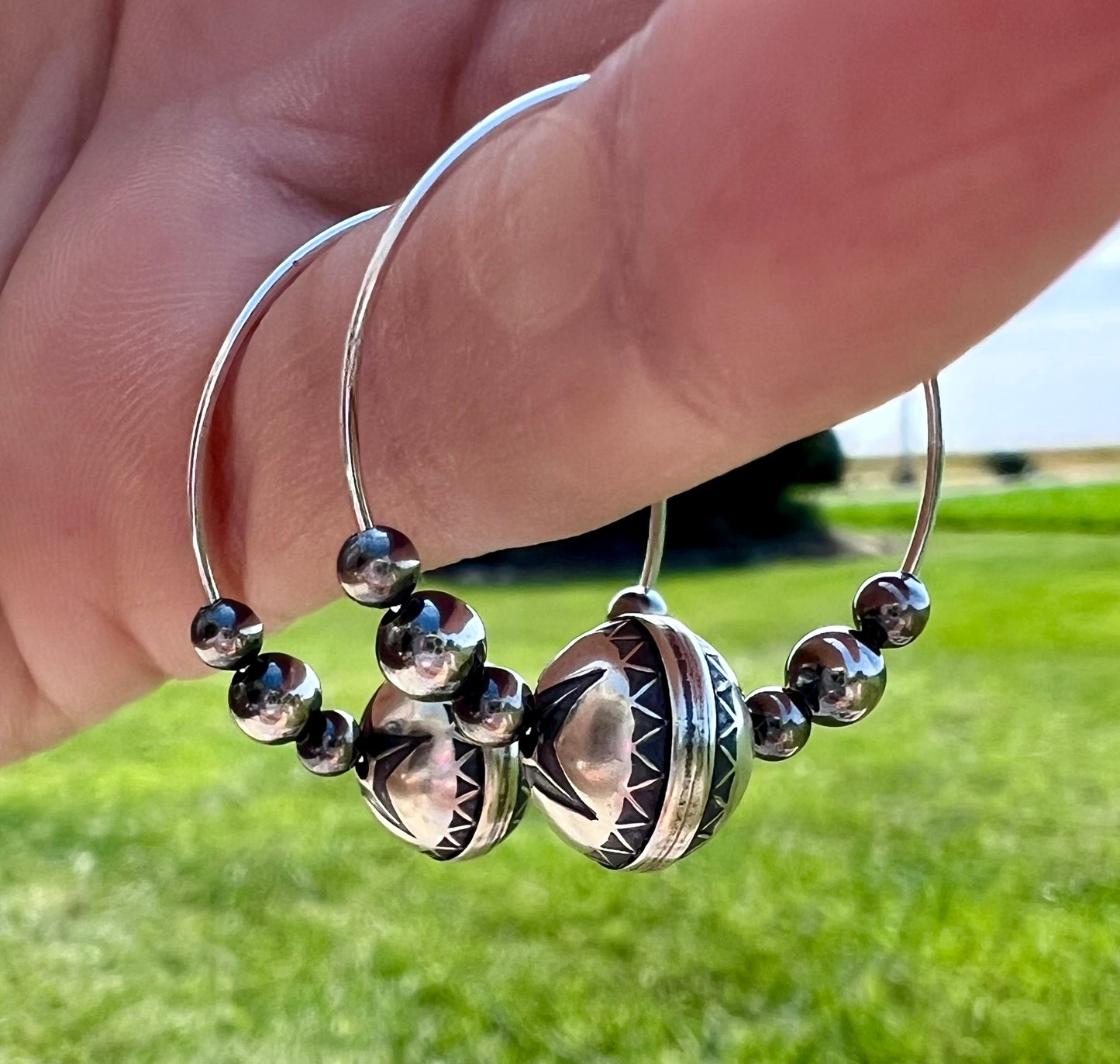 Sterling Silver 3-10mm Beads Hoop Earrings 1.2”