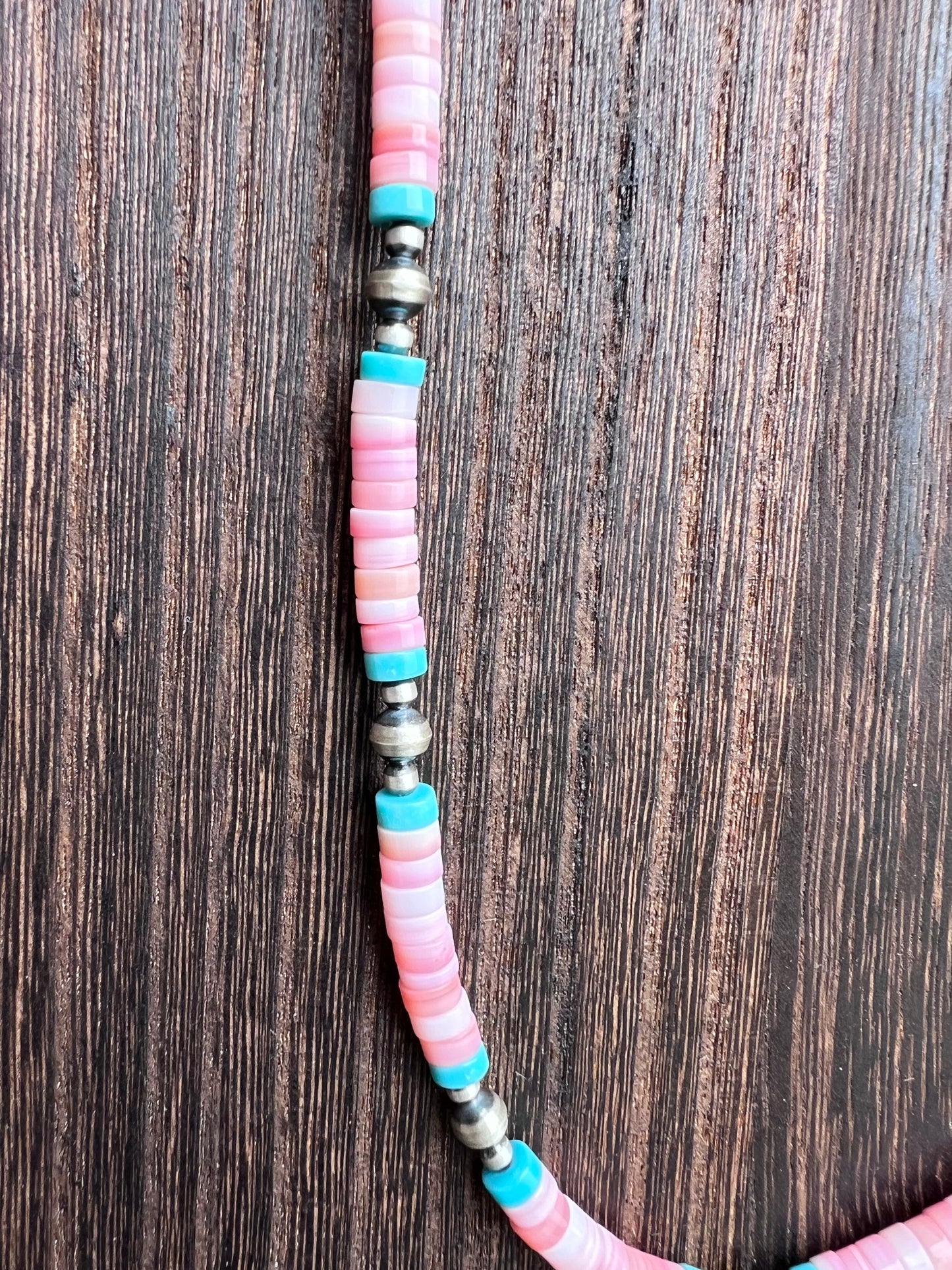 Southwest Sterling, Pink Conch & Turquoise Heishi Necklace & Earring Set