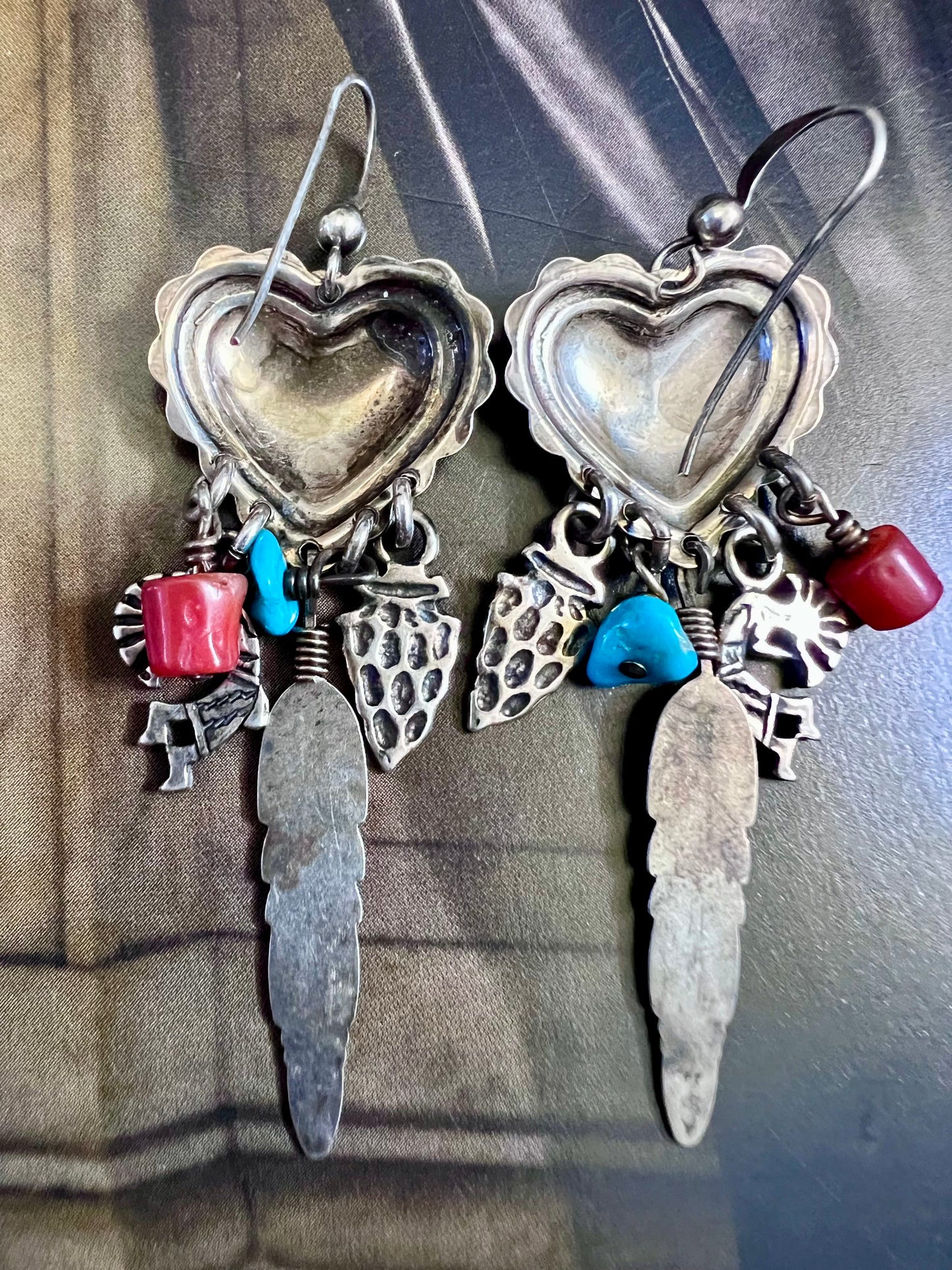 Sterling Silver, Red Coral & Turquoise Heart, Arrowhead, Kokopelli & Feather Dangle Post Earrings 2.5β