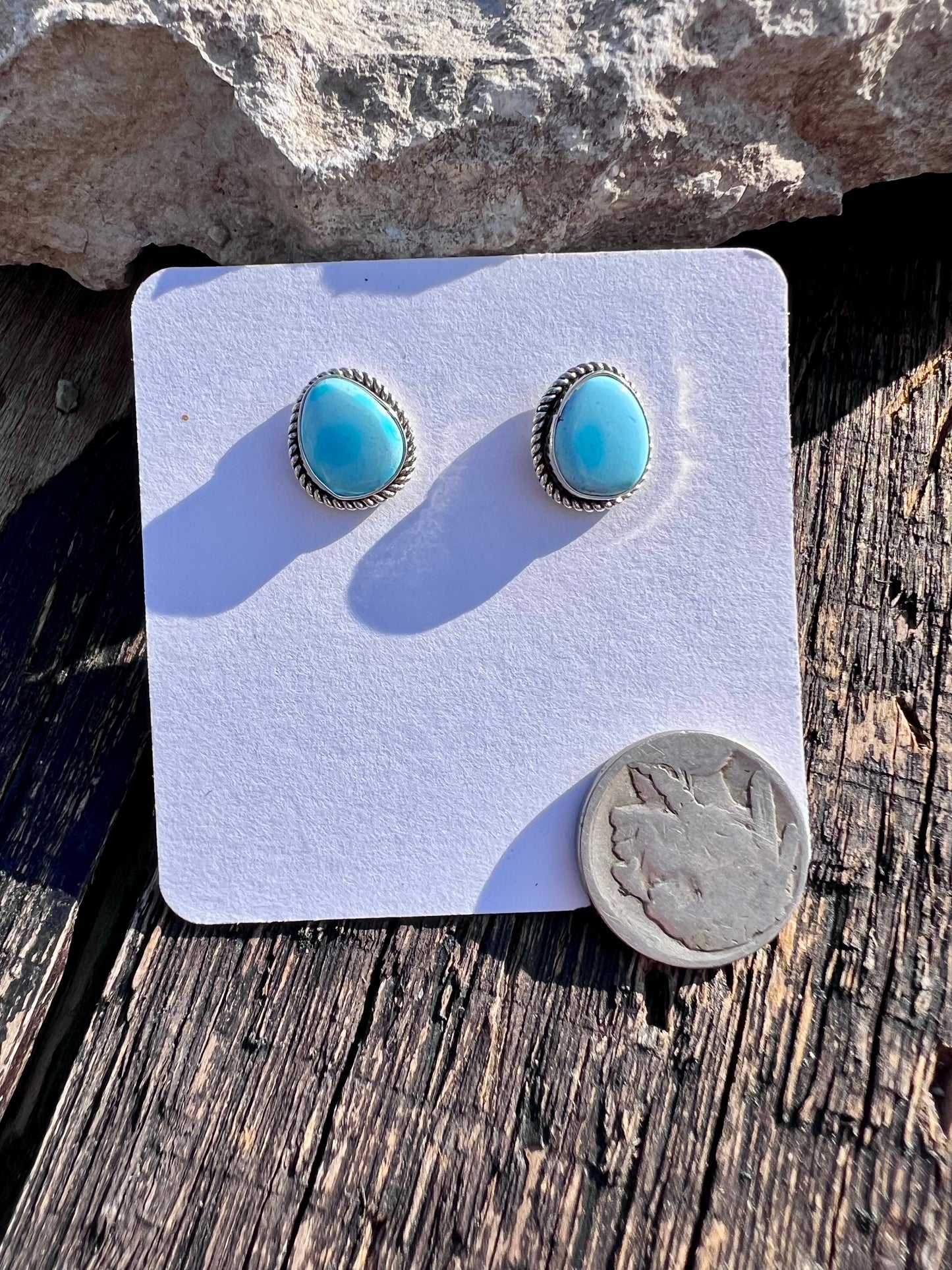 Handmade by Dustin Calvin, Sterling & Golden Hills Turquoise Post Earrings Sz 1/2”