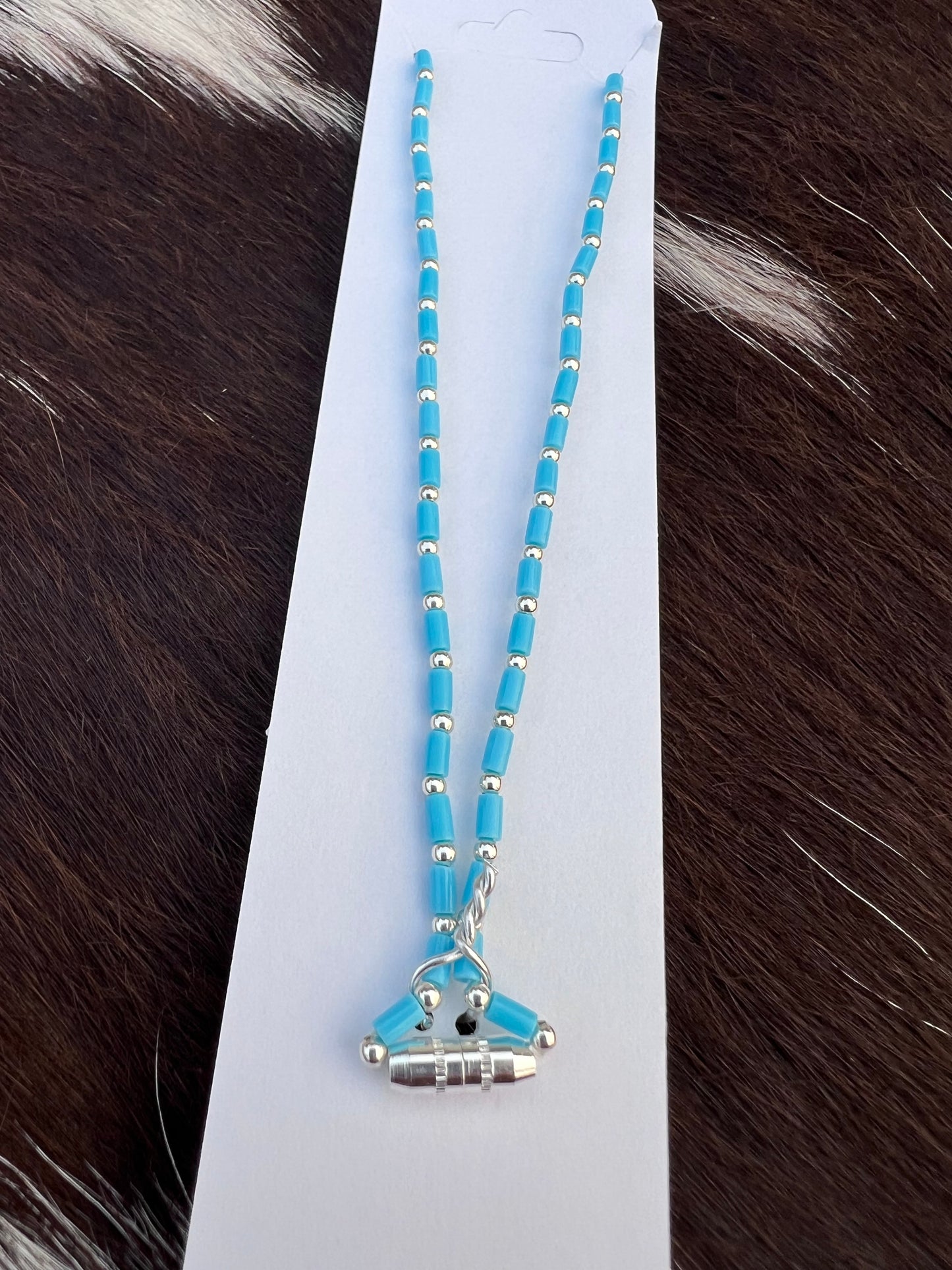 Sterling 1mm Bead & Kingman Turquoise 2mm Bead w/ Barrel Clasp 16β Length