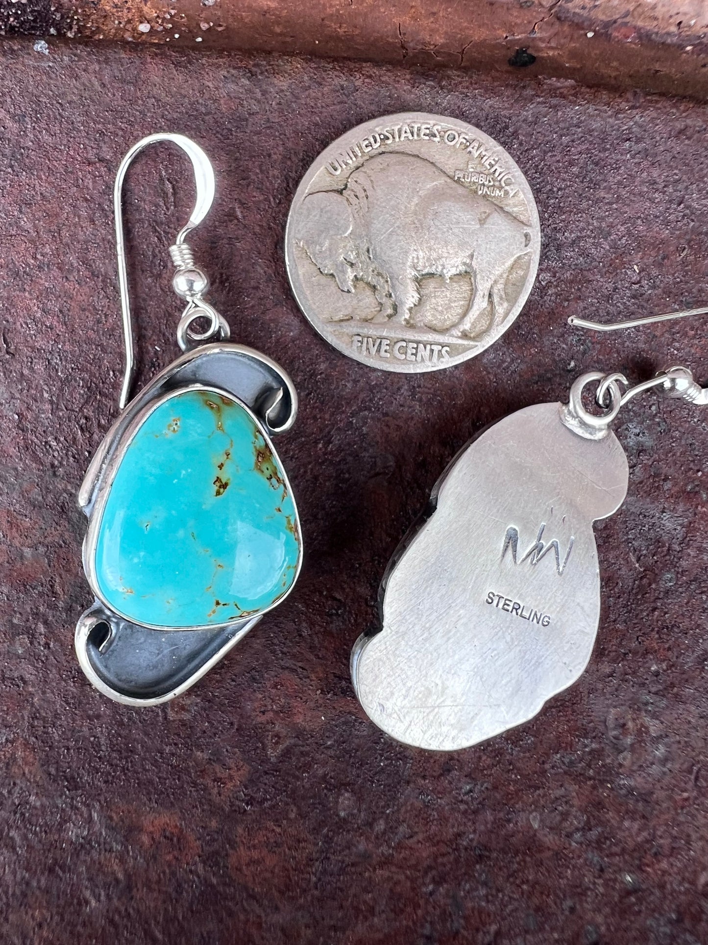 Native American Handmade by Miranda Willie. Sterling & Campitos Turquoise Dangle Earrings 2” long