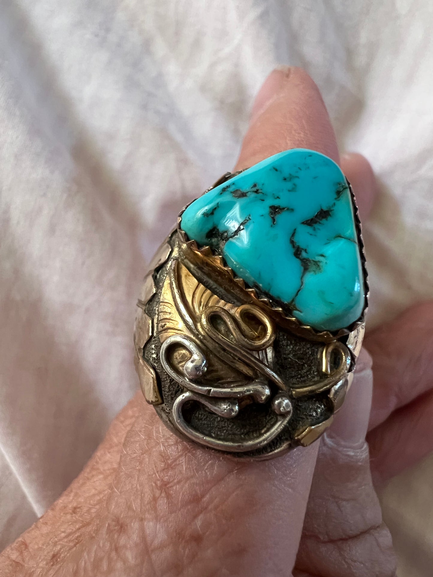 Vintage Chunky Navajo Handmade 12kt Gold Fill, Sterling & Kingman Turquoise Nugget Ring Sz 9.5