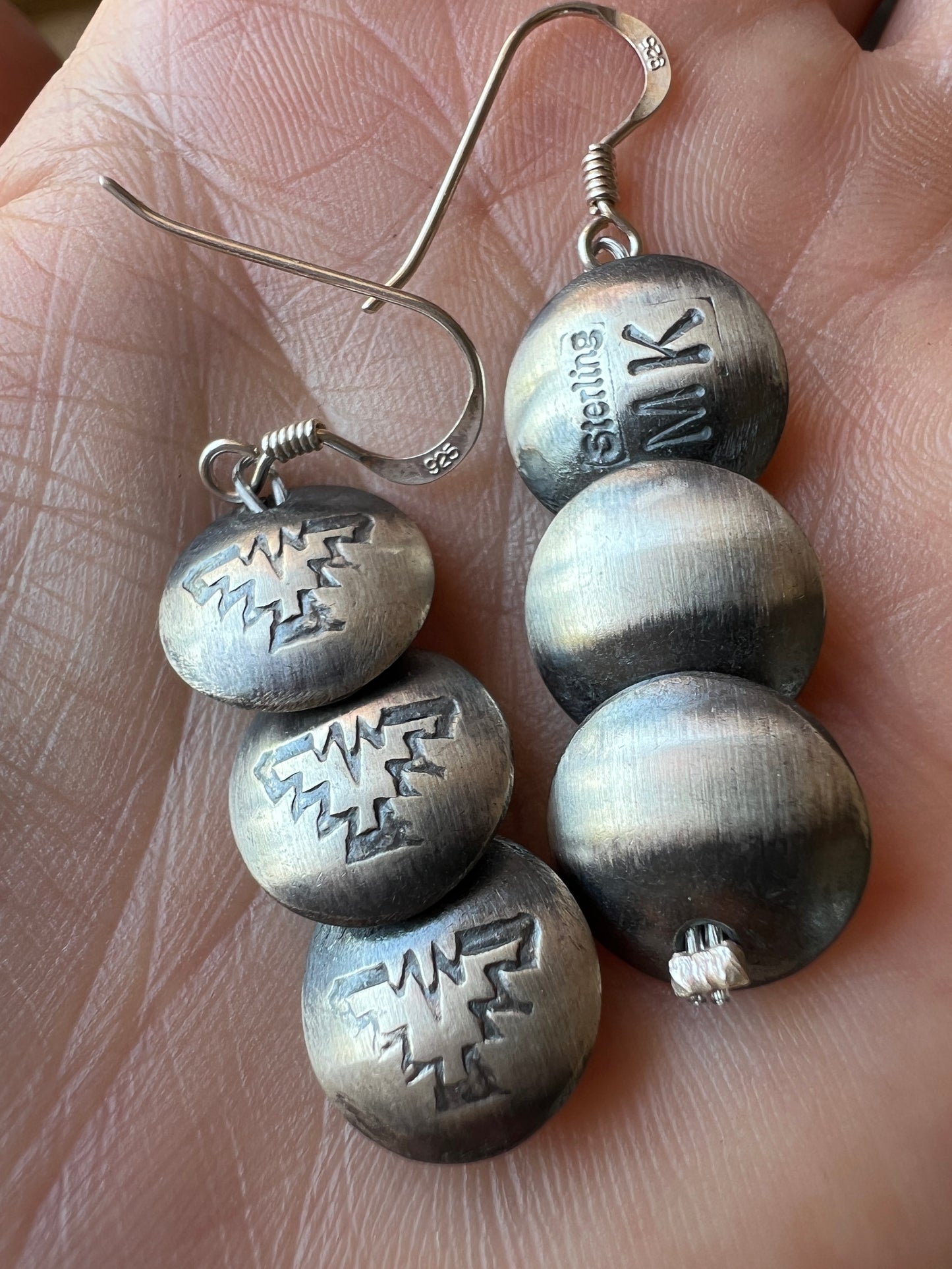 Navajo Handmade by Marietta Kelllywood - Sterling Silver Thunderbird Stamped Pillow Pearl Earrings 1.75”