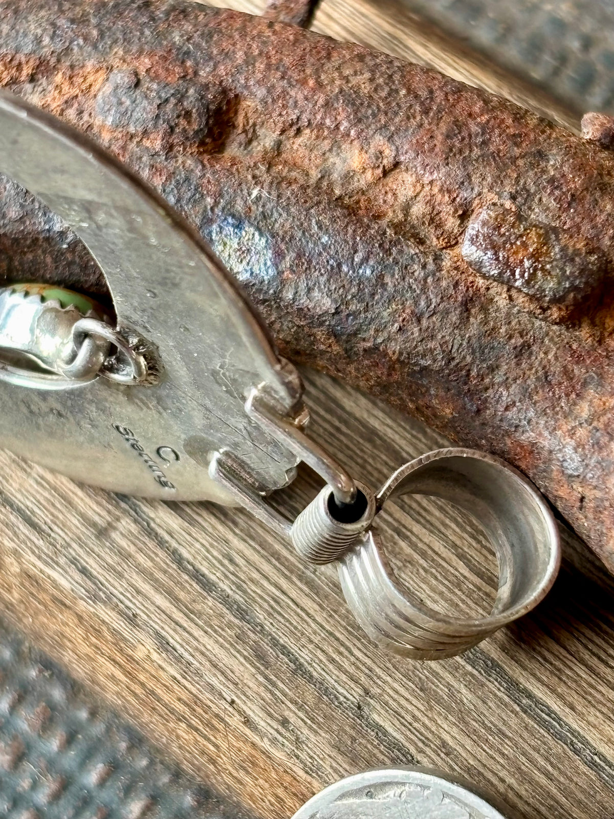 Vintage Sterling Silver Overlay Design with Green Royston Turquoise Naja Pendant - Navajo Handmade by Cester Charlie