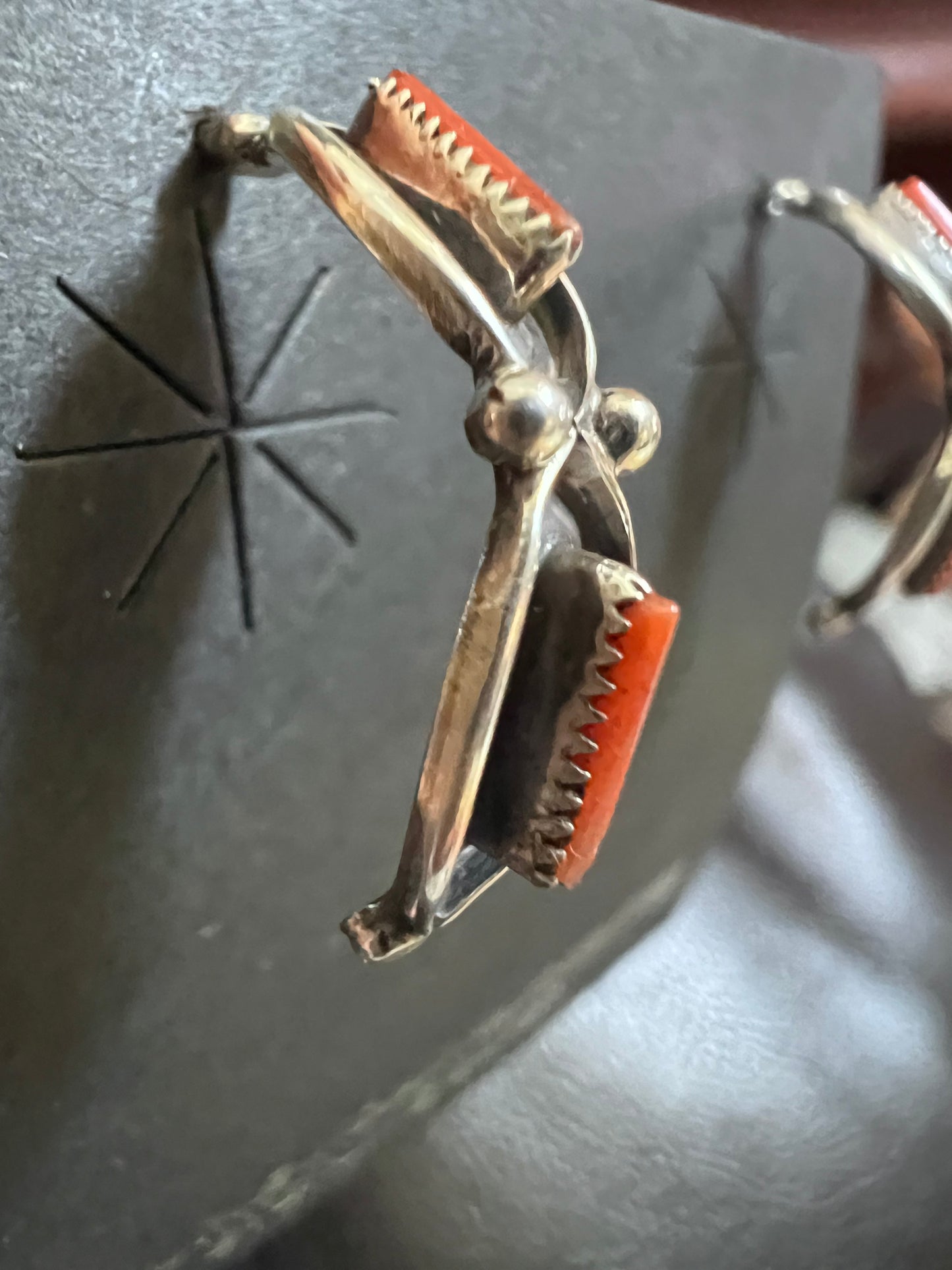 Native Navajo Handmade Red Mediterranean Coral & Sterling Half-hoop Post Earrings 3/4β
