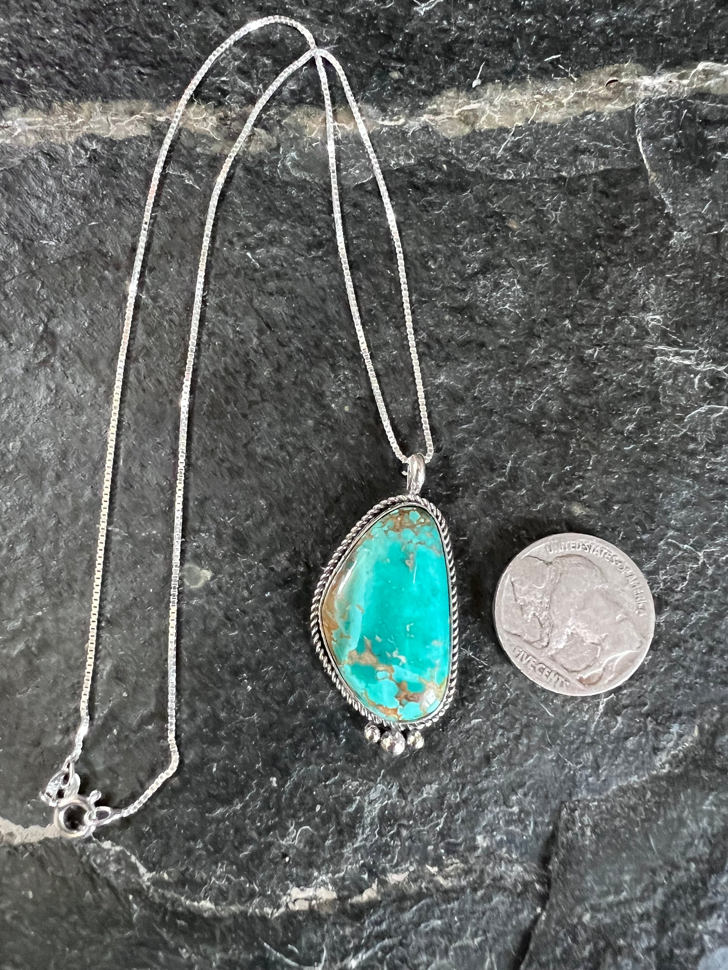 Native American Handmade Sterling & Carico Lake Turquoise Pendant(1.6β x.8β)on a Sterling Box Chain Necklace 16β