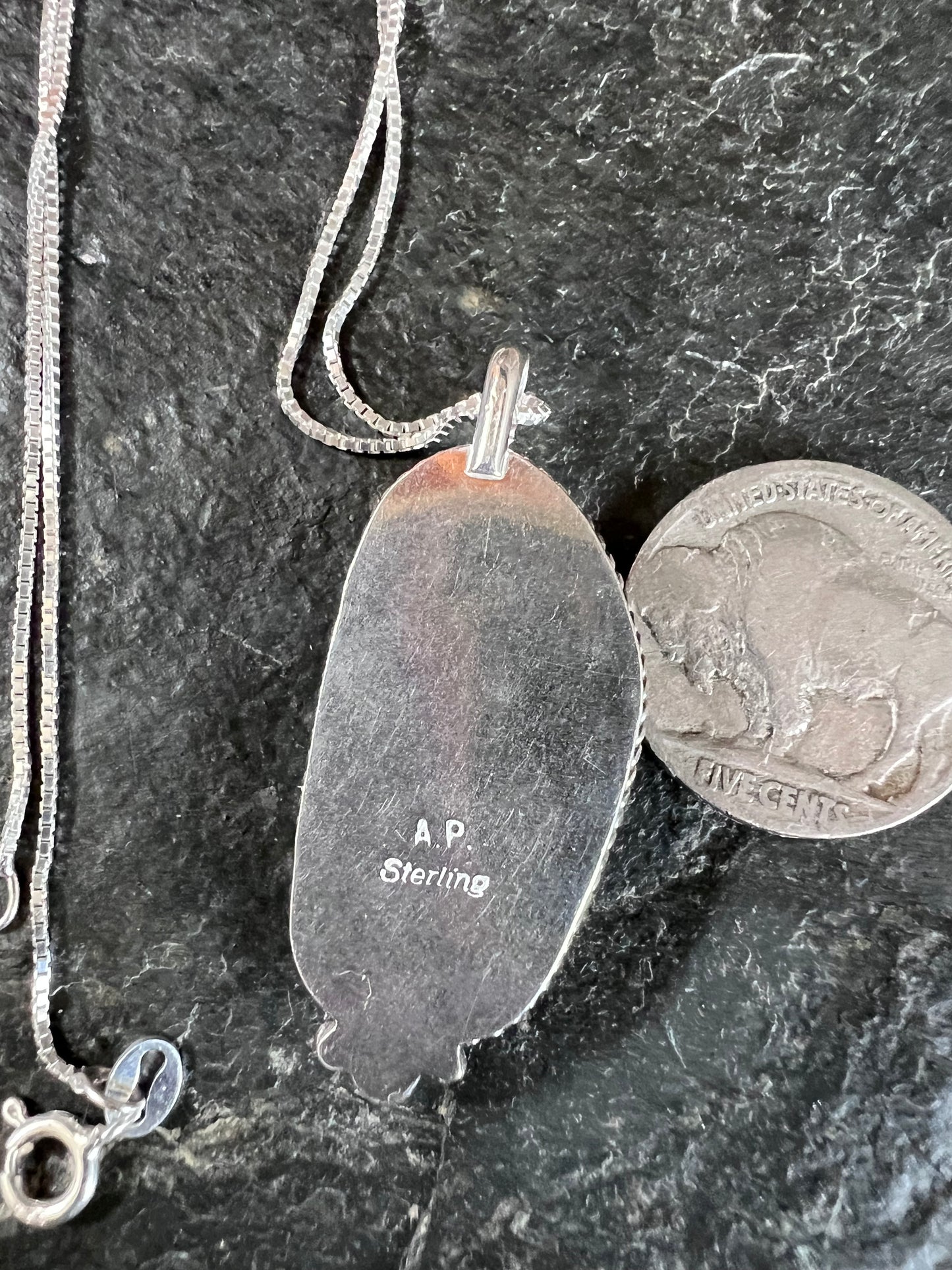 Native American Handmade Sterling & Carico Lake Turquoise Pendant(1.6β x.7β)on a Sterling Box Chain Necklace 16β