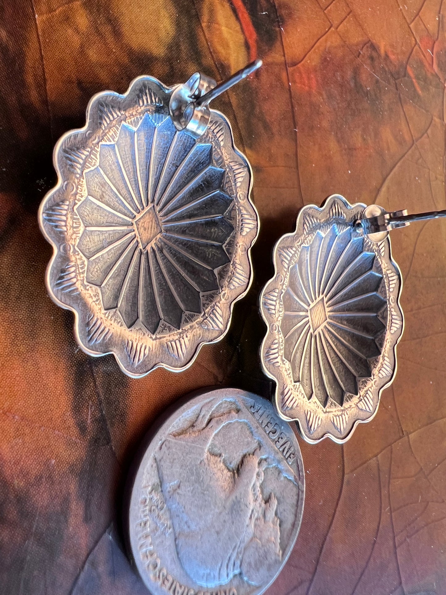 Southwest Sterling Oval Scalloped Concho Post Earrings