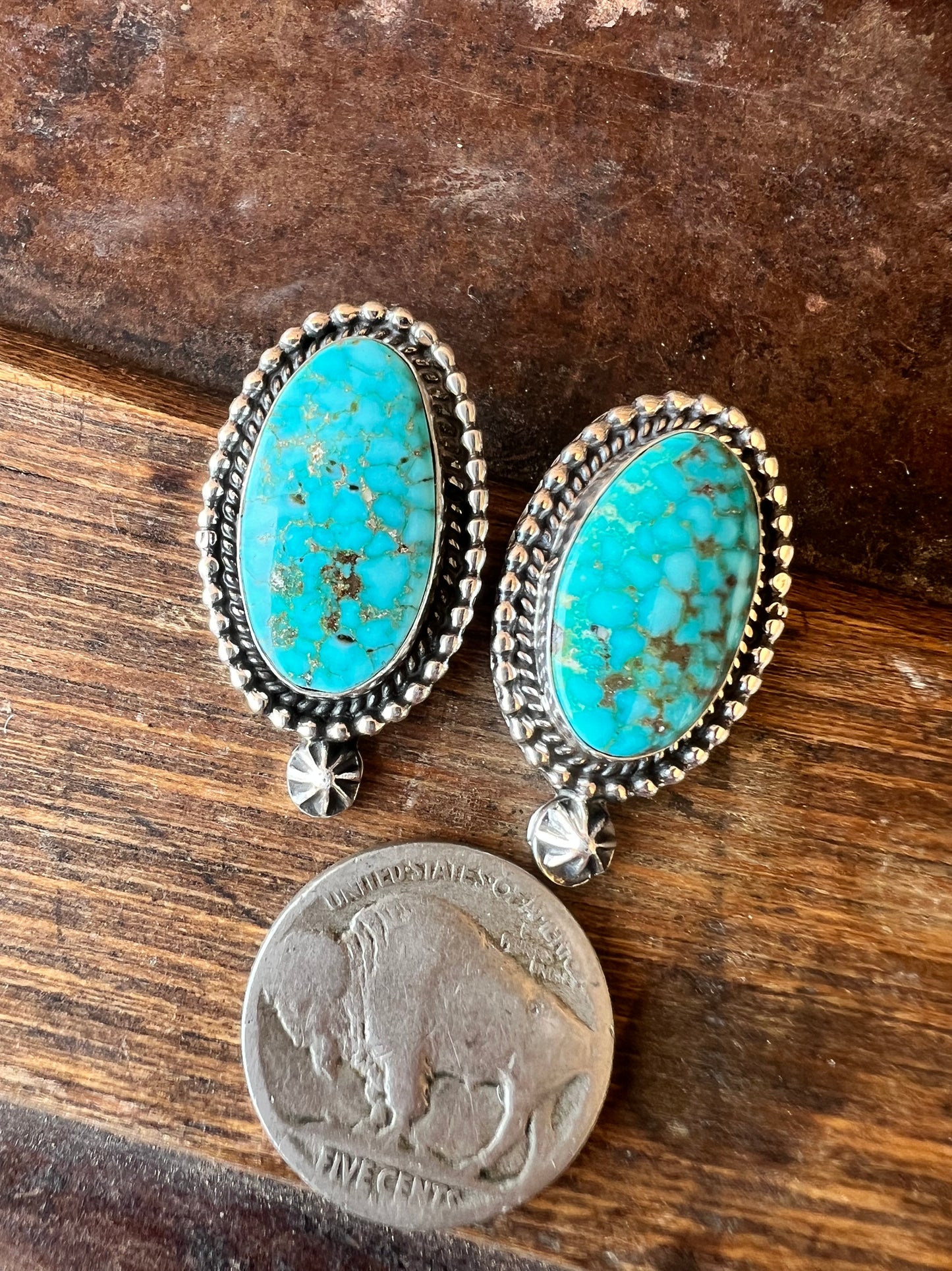 Navajo Handmade by Darrell Wylie- Waterweb Kingman Turquoise & Sterling Silver Post Earrings 1β x 3/4β