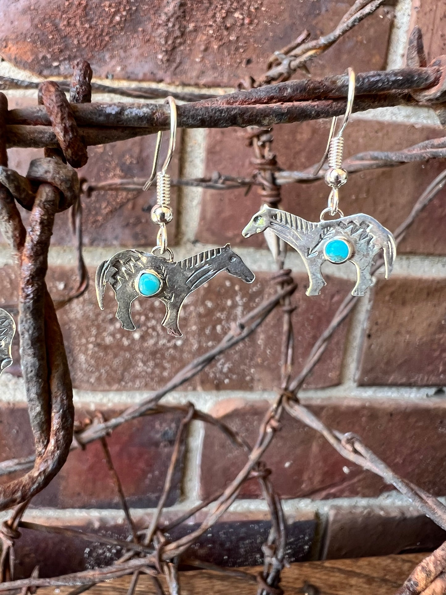 Dainty Handmade by Lucille Platero (Navajo) Turquoise & Sterling Silver Horse Earrings 1 1/4” Length