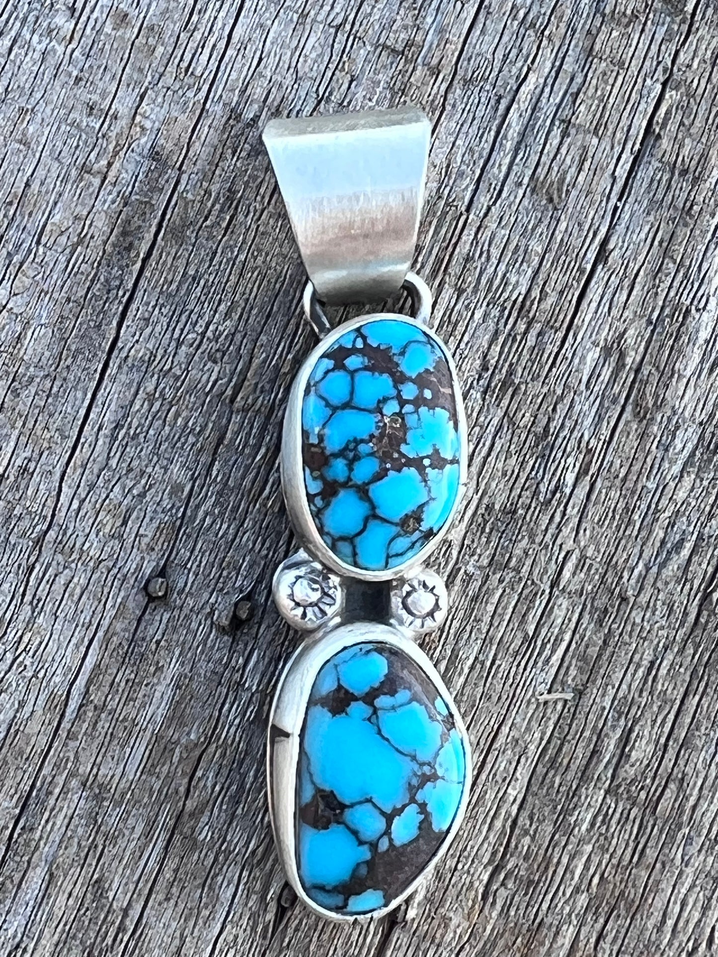 Native American Handmade by Danny Henio- Sterling & Egyptian Turquoise 2-stone Pendant 2”