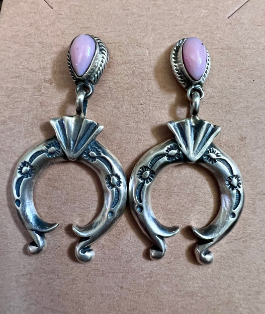 Native American Handmade by Addrienne Gordon Sterling Silver & Pink Conch Post Dangle Earrings