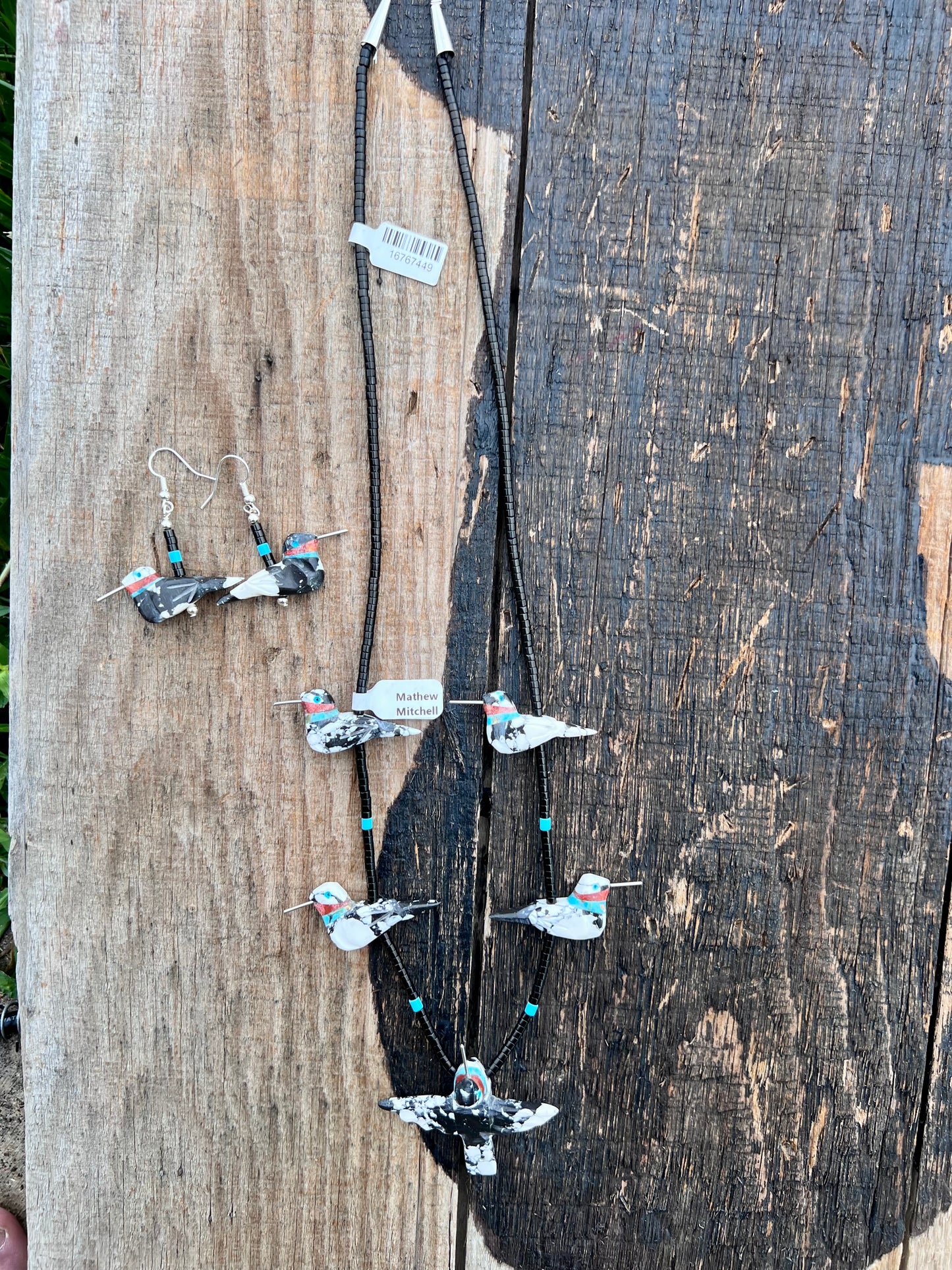 Matthew Mitchell Handmade White Buffalo Humming Bird Fetish Earrings & Necklace 25β