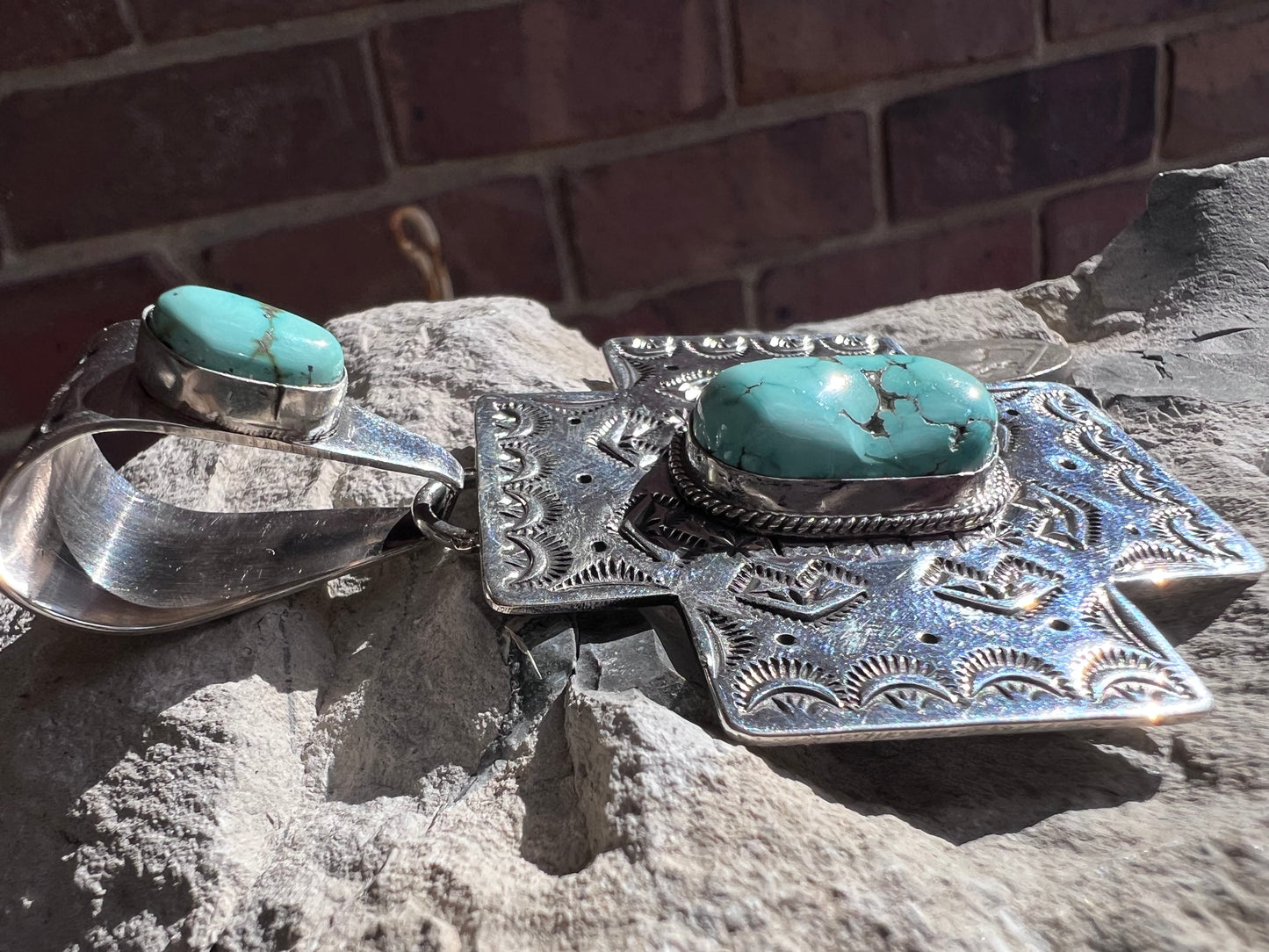 Native American Handmade by Eula Wylie. Lone Mountain Turquoise & Sterling Silver Cross Pendant