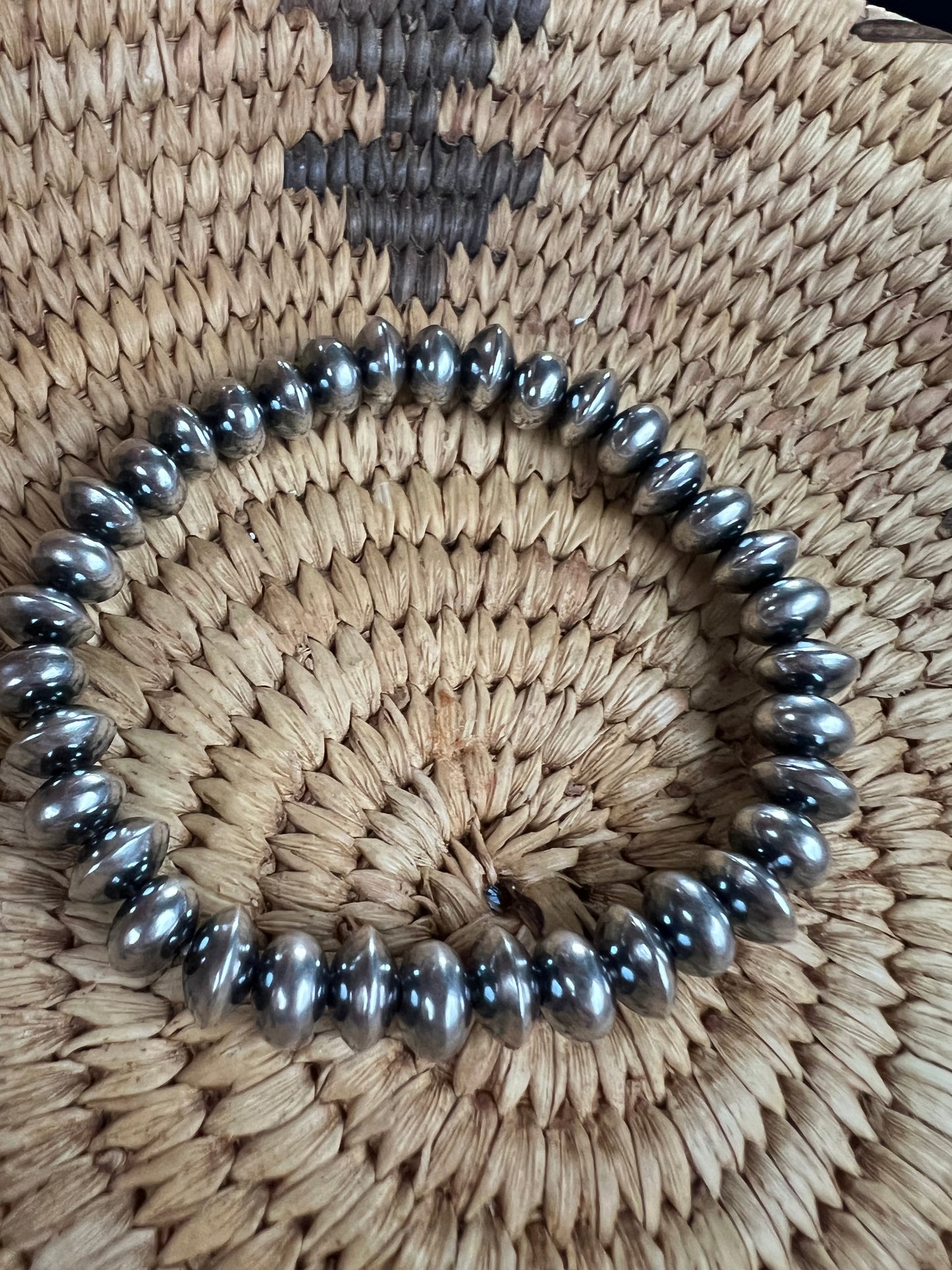 Sterling Silver Pearl (Saucer & Rondelle 8mm) Bead Stretch Bracelet Sz 6-7