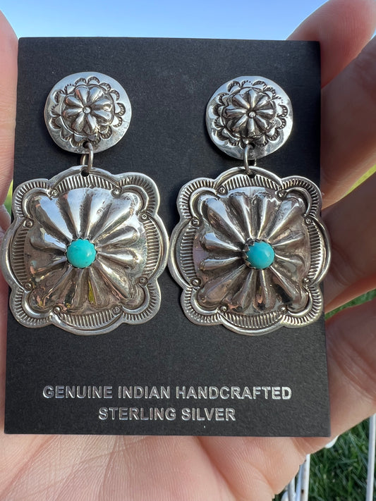 Navajo Handmade Arnold Blackgoat Sterling & Turquoise Concho Earrings