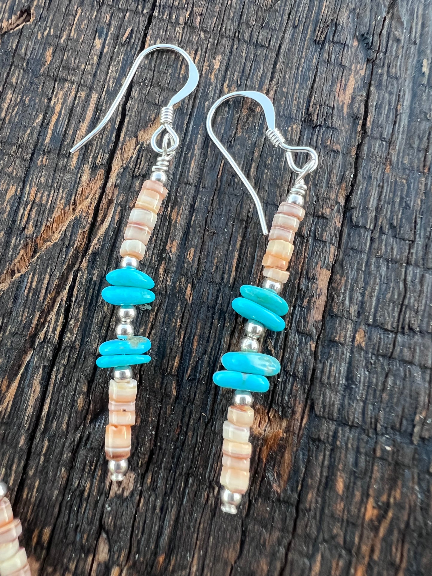 Turquoise, Shell, Sterling Bird Fetish and bead 16β Necklace & Earring 2β Set