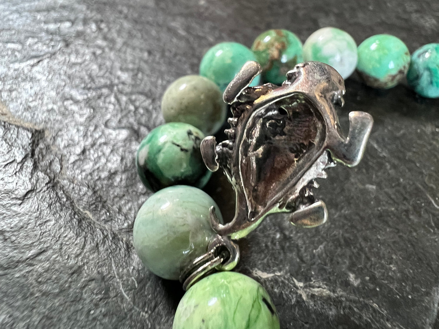 Variscite 10mm Bead Stretch Bracelet with Sterling Horn Toad Charm Sz 7.5