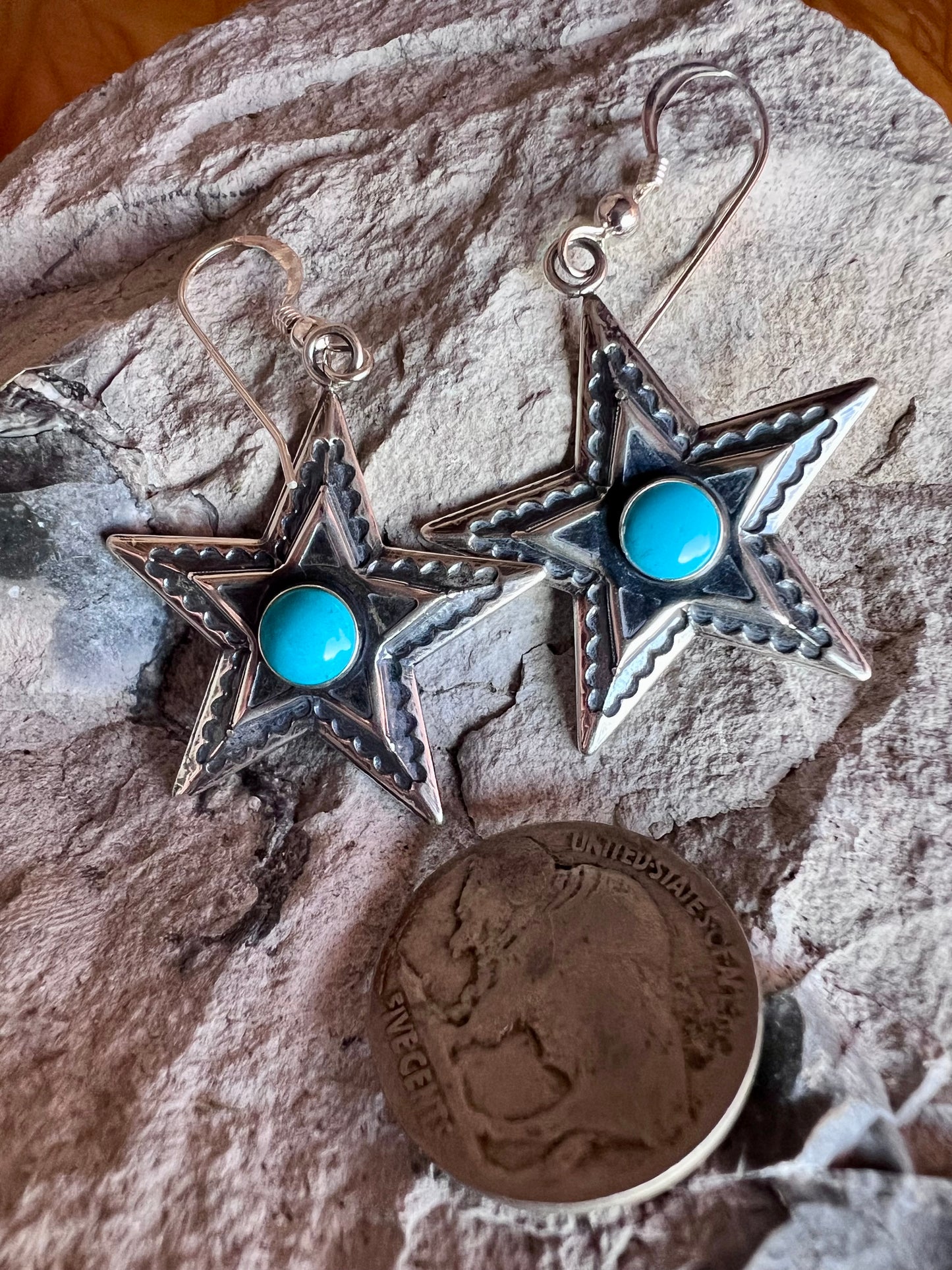Southwest Sterling & Turquoise Star Dangle Earrings