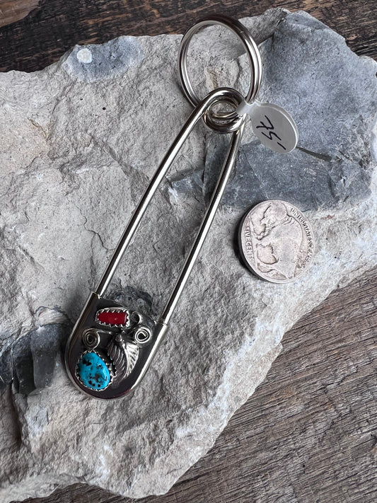 Large Safety Pin Keychain with Sterling, Kingman Turquoise & Coral designs.