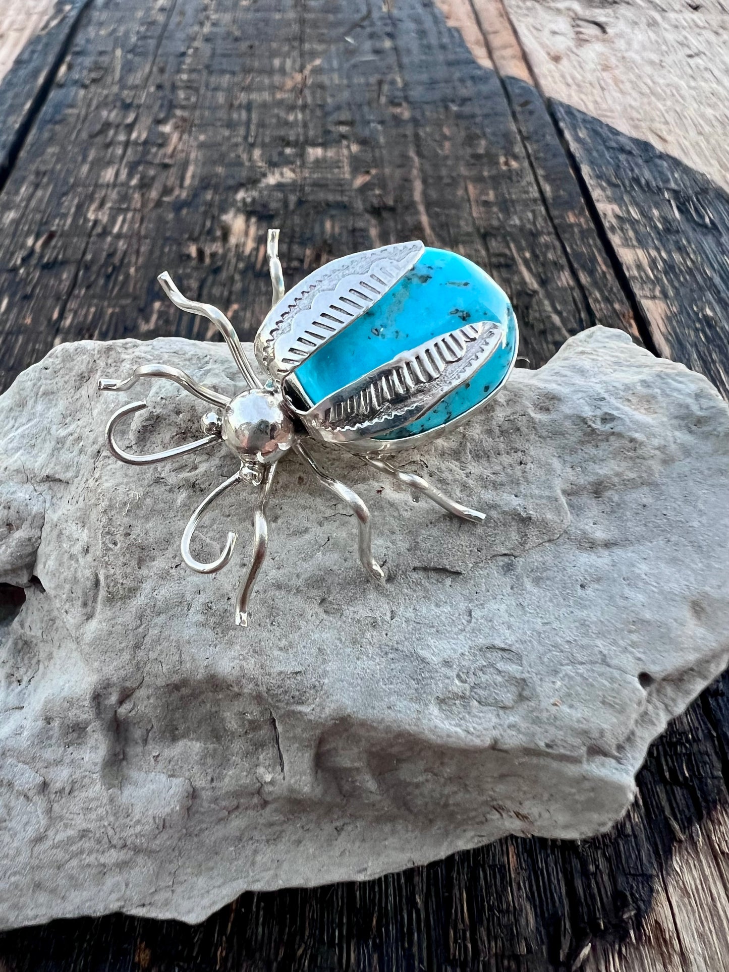 Native American Handmade Sterling & Campitos Turquoise Bug Pin 1.25x 1.5β