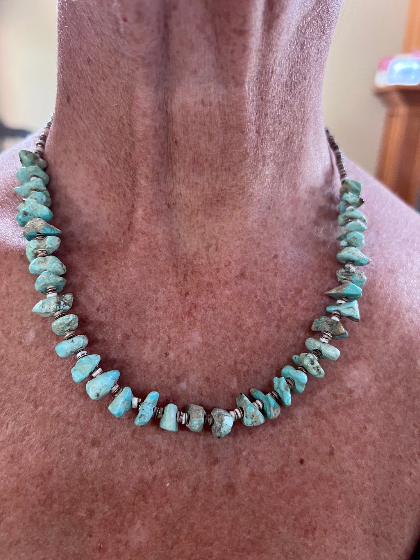 Handmade Chunky Campitos Turquoise Nugget (13mm) & Olive Shell Heishi (3mm) Necklace 18β w/Sterling Clasp & Beads