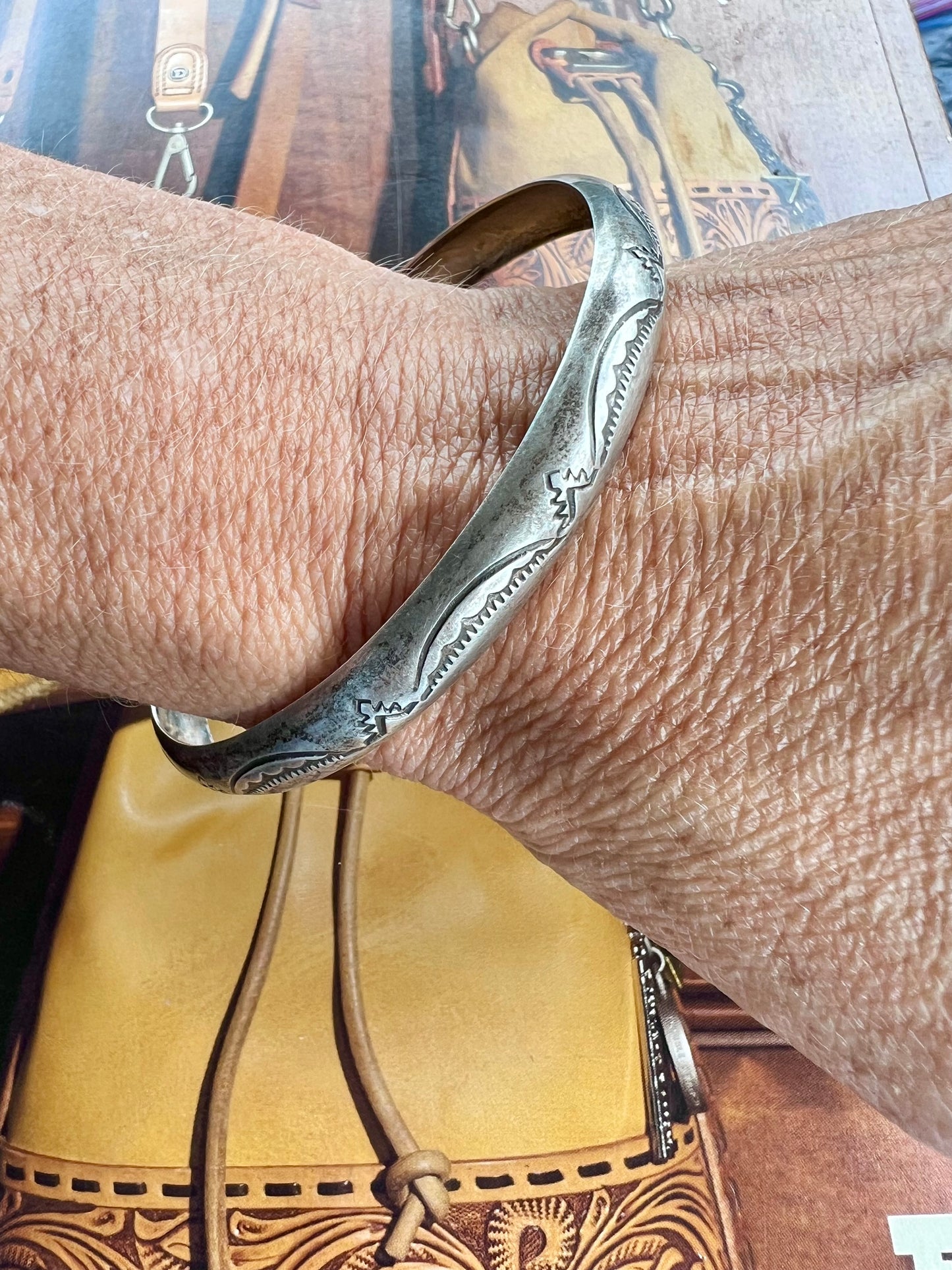 Vintage Native Navajo Handmade Sterling Silver Stamped Bangle Sz 2 5/8β